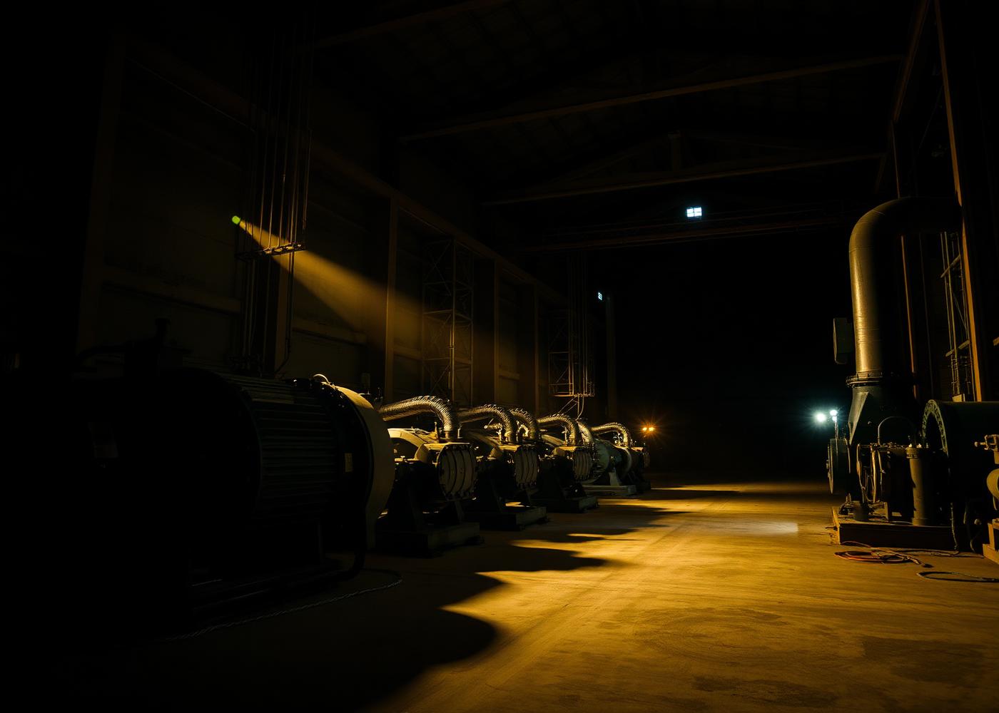 Industrial pumps and heavy machinery lit by warm light in a dark plant hall